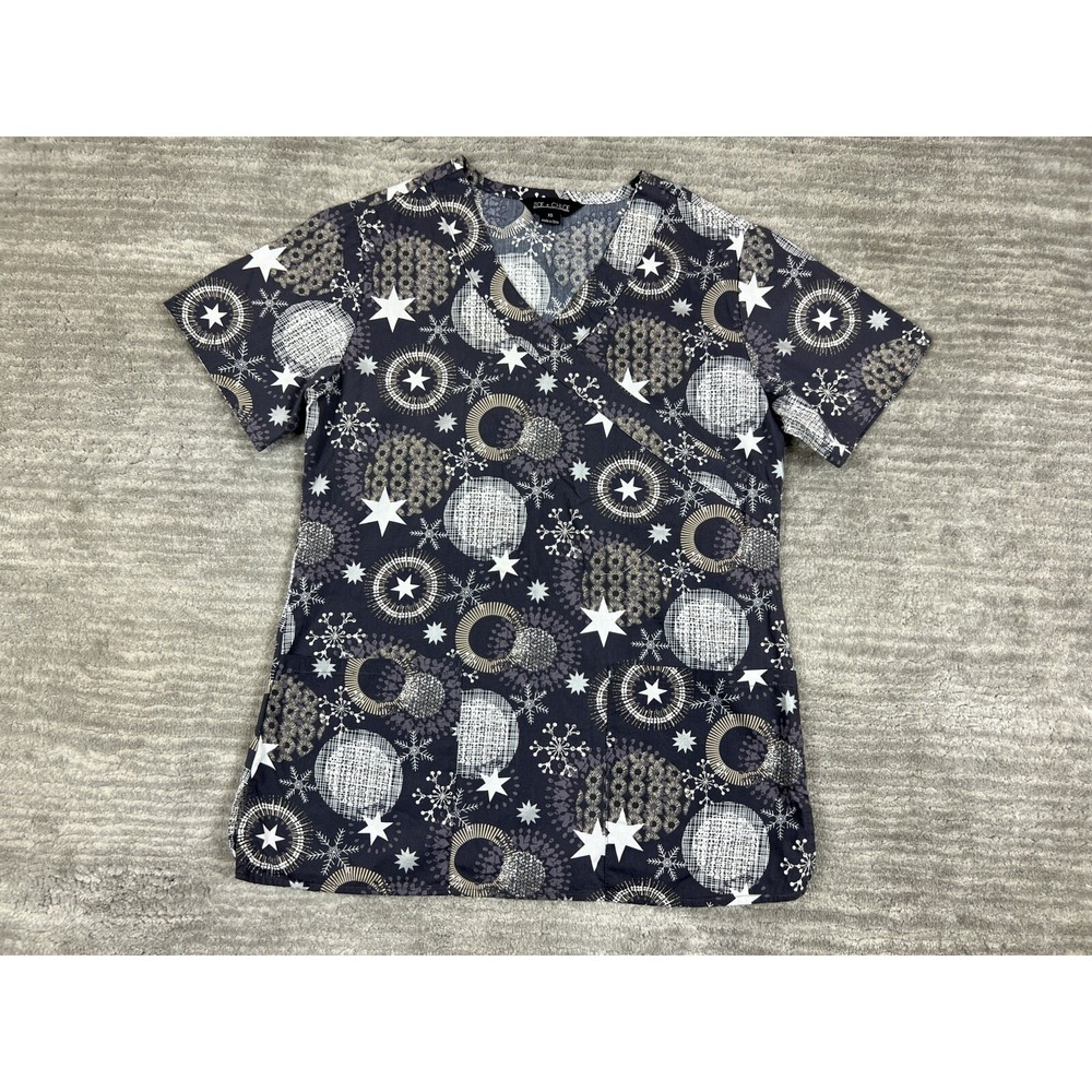 Zoe + Chloe Womens Scrub Top XS Gray Stars Snowflakes Short Sleeve
